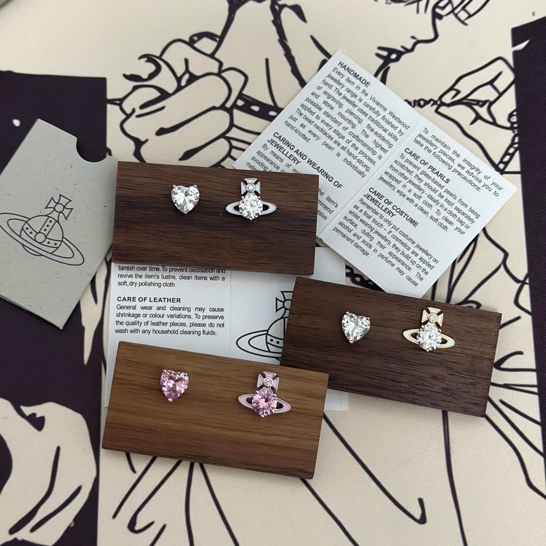 Vivienne Westwood Gold Plated Round and Heart Shaped Stud Earrings with Clear Stones